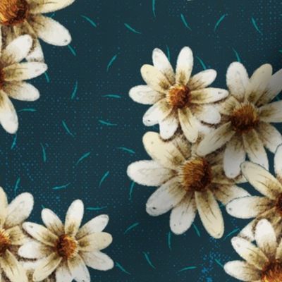 Nightfall Daisies | Rustic textured daisies on a midnight blue background