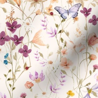 Mae's Wildflowers Md – Watercolor Floral, Spring Flower Butterfly Garden (pearl)