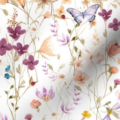 Mae's Wildflowers Md – Watercolor Floral, Spring Flower Butterfly Garden (white)