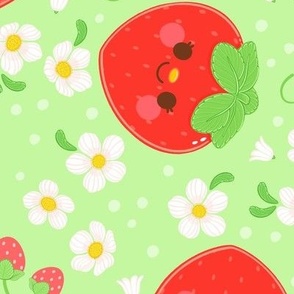 Red Strawberry Pattern - Green Background - Large Scale