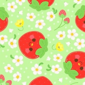 Red Strawberry Pattern - Green Background - Medium Scale