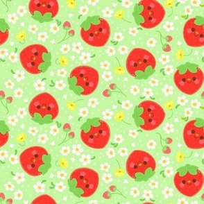 Red Strawberry Pattern - Green Background - Smaller Scale