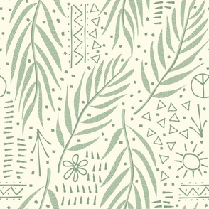 (L) Peace, Love, Leaves 60s/70s Doodles Green on Cream Celebrating Mother Earth