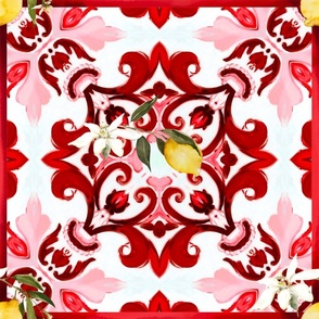 Red tiles,Sicilian ,majolica,lemon ,citrus,