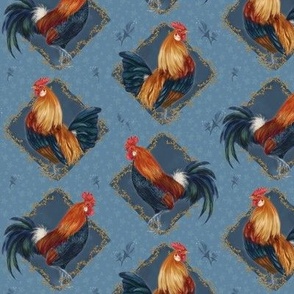 Colorful Roosters on Blue