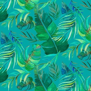 Watercolor Tropical Leaves Collection on Teal