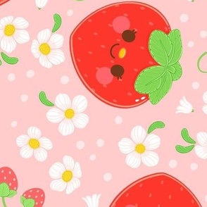 Red Strawberry Pattern - Pink Background - Large Scale