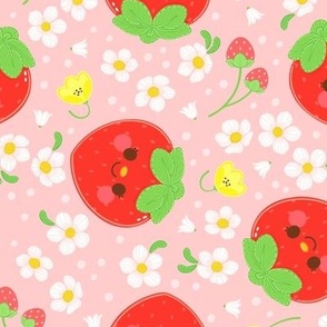 Red Strawberry Pattern - Pink Background - Medium Scale