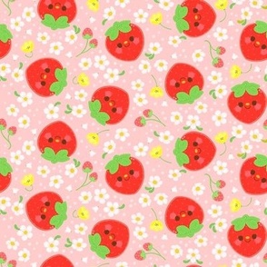 Red Strawberry Pattern - Pink Background - Smaller Scale