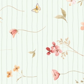 Delicate Wildflowers Coordinate LG- Watercolor Floral, Spring Flower Garden (celery stripe) ROTATED
