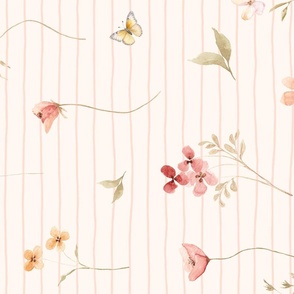 Delicate Wildflowers Coordinate LG- Watercolor Floral, Spring Flower Garden (pearl stripe) ROTATED