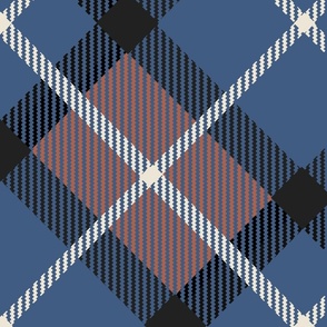 Diagonal Tartan with blue, rost brown, black and Eggshell - jumbo scale