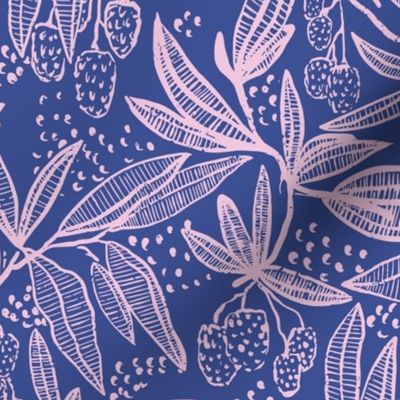 Lychee fruit tropical summer block print in bright and bold purple and lavender