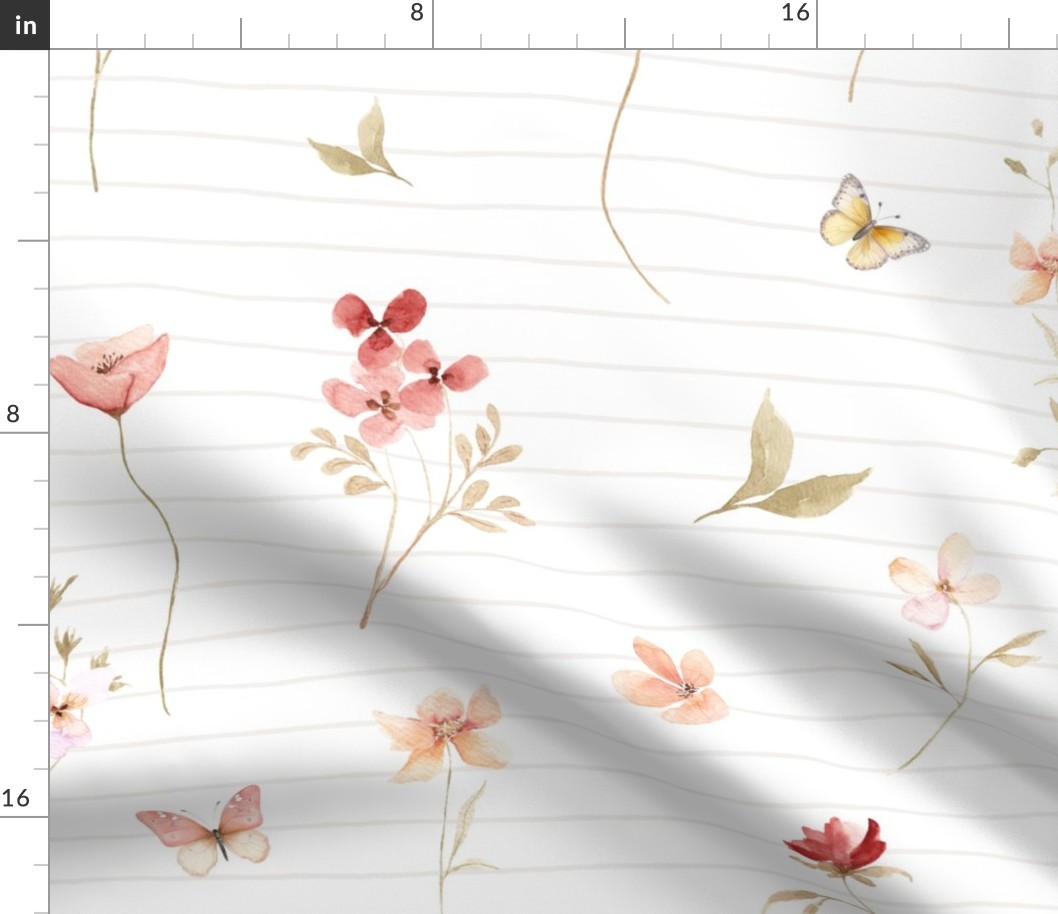 Delicate Wildflowers Coordinate LG- Watercolor Floral, Spring Flower Garden (neutral stripe)