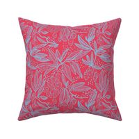 lychee fruit tropical summer  block print in bright periwinkle blue on red