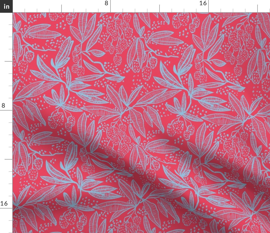 lychee fruit tropical summer  block print in bright periwinkle blue on red