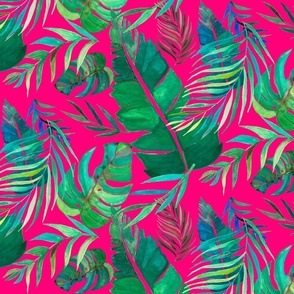 Watercolor Tropical Leaves Collection on Bright Pink