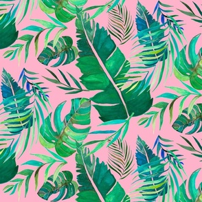 Watercolor Tropical Leaves Collection on Pale Pink