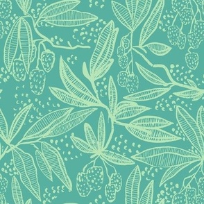 Lychee fruit tropical block print in bright teal and light green 