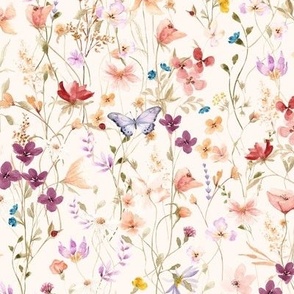 Mae's Wildflowers SM – Watercolor Floral, Spring Flower Butterfly Garden (pearl)