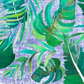 Large Scale Tropical Leaves Pattern on Blue Linen Texture Background, Great for Wallpaper