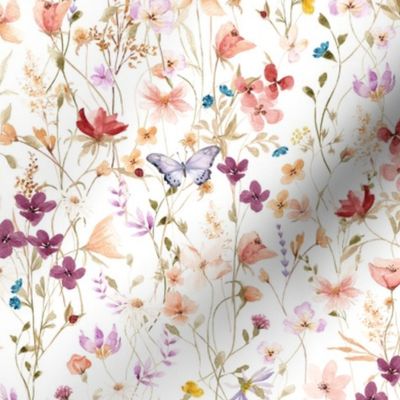 Mae's Wildflowers SM – Watercolor Floral, Spring Flower Butterfly Garden (white)