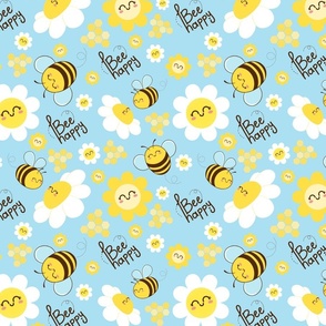 bee happy cute bees and daisy flowers blue design - (size small) - home decor - kids and babies -  nursery. 
