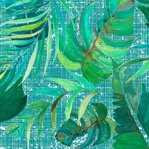 Large Scale Tropical Leaves Pattern on Teal, Great for Wallpaper