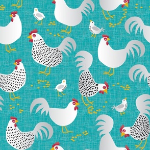 Chickens with Baby Chicks on Teal Ground with Faux Texture Large