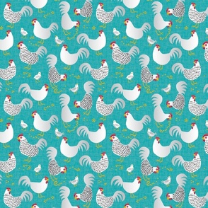 White Chickens on Faux Textured Teal Ground Small Scale
