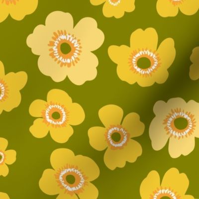 Groovy Yellow Flower Olive Green Floral