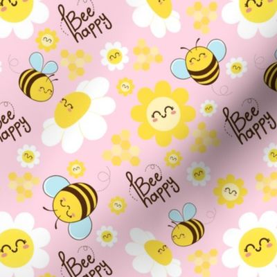 bee happy cute bees and daisy flowers (pink) design (size xsmall)- home decor - kids and babies -  nursery 
