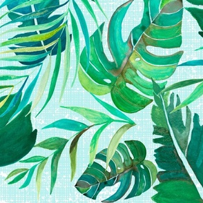  Large Scale Tropical Leaves Pattern on Pastel Blue Textured Background, Great for Wallpaper