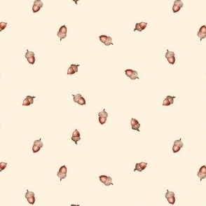 Tossed woodland acorns polka dot spot watercolor painted on ecru white cream background. Sienna brown and tan fall nuts multi-directional print