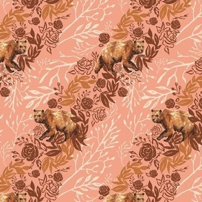 4 inch repeat Brown bear pink diagonal woodland forest animal painted in watercolors with rose flowers, leaves, flora, seeds, and grasses in pink, burnt umber, sepia, sienna, ecru white