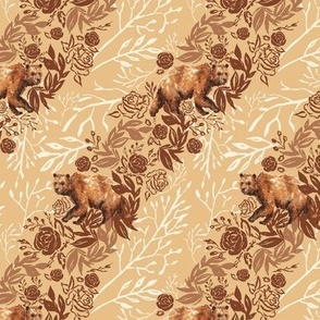 4 inch repeat Brown bear woodland forest animal painted in watercolors with rose flowers, leaves, flora, seeds, and grasses in buff, burnt umber, sepia, sienna, ecru white. Diagonal pattern.