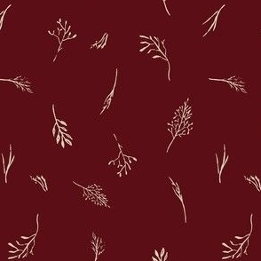 Leaves, grasses, seeds, and nature elements drawn by hand and tossed. Multi-directional burgundy, auburn, linen ivory and ecru white print. 