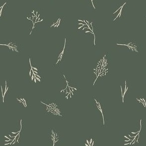 Leaves, grasses, seeds, and nature elements drawn by hand and tossed. Multi-directional artichoke / celadon green with linen ivory and ecru white