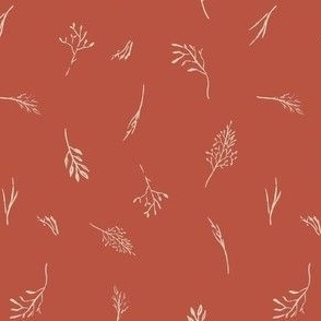 Leaves, grasses, seeds, and nature elements drawn by hand and tossed. Multi-directional coral / orange red / salmon pink with linen ivory and ecru white