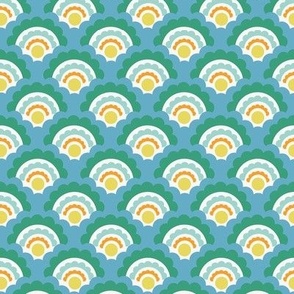  Small-scale, chic scallop design in colors of blue, green, orange, and lemon yellow.
