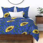 buttercup flower,  jumbo large scale, blue yellow orange green black indigo medium dark royal blue spring summer