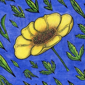 buttercup flower,  jumbo large scale, blue yellow orange green black indigo medium dark royal blue spring summer