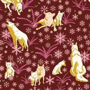 Winter Wolves with Ferns and Snowflakes - Gold and Pink on Maroon