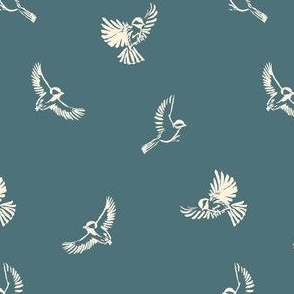 Chickadee birds flying - painted ivory white birds in flight. Line drawings on aqua baby blue / cornflower blue. Background: paint COTY - vining ivy