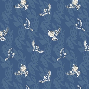 Chickadee birds flying - painted ivory white birds in flight on blue. Leaves texture. Line drawings on cobalt / denim / navy blue.