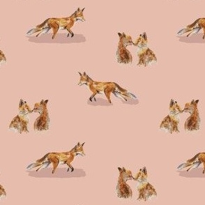 Pink 4 inch repeat Foxes touching noses and fox walking woodland animal nature print in orange, brown, ivory white, rose quartz pink and Terra Cotta rust red
