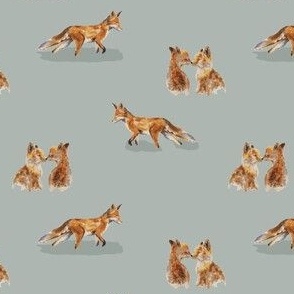 Gray 4 inch repeat Foxes touching noses and fox walking whimsical forest woodland animal nature print in orange, brown, ivory white, blue-gray, ash gray.