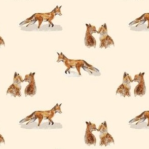 4 inch repeat Foxes touching noses and fox walking whimsical forest woodland animal nature print in orange, brown, ivory white, eggshell, beige