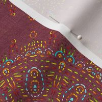 Mock Embroidered Folk Art Wheel Rainbow on Dusty Rose Linen Look