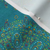 Mock Embroidered Folk Art Wheel Rainbow on Turquoise Linen Look